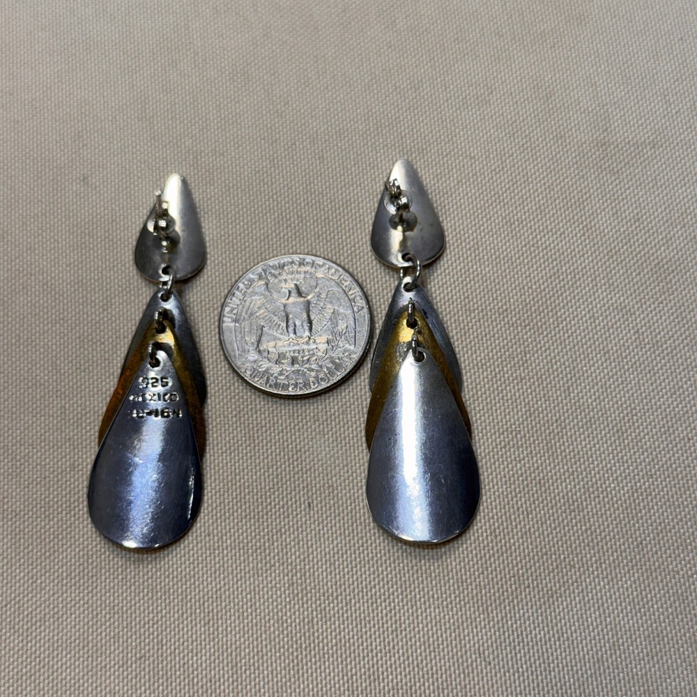 Taxco Mexico 925 Sterling Silver Mixed Metal Tiered Teardrop Earrings TC-164 GUC - Picture 9 of 16